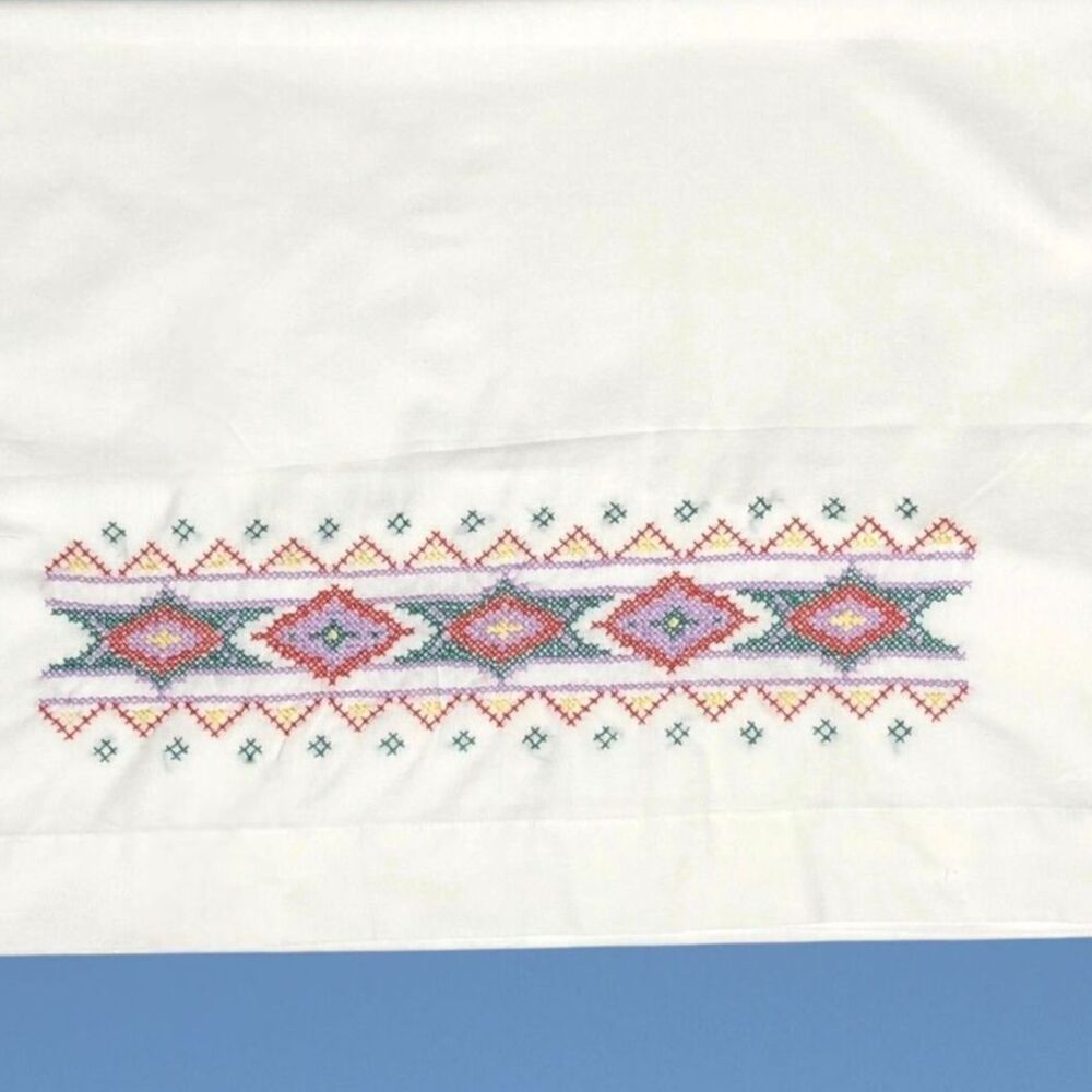 Vtg Cross Stitch Pillow Case Southwestern Geometric Embroidered Pillowcase Cover - Picture 1 of 12